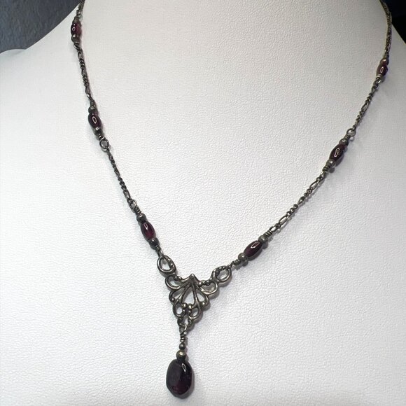 Italian Sterling Silver 925 18" Filigree Necklace Garnet Cabochon Drop KM Maker - Picture 11 of 14